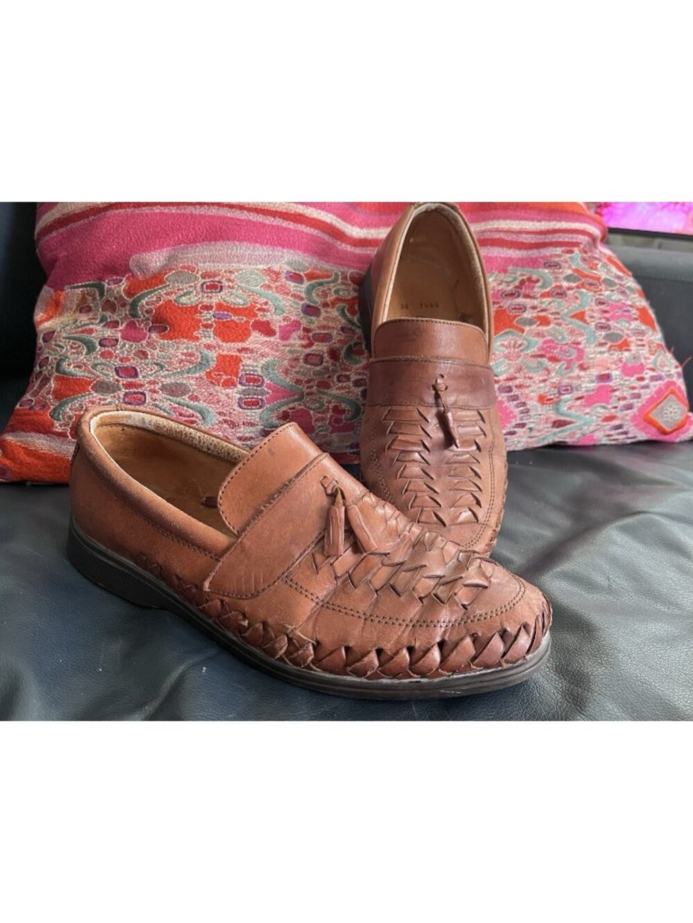 VTG Aztec Leather Tassel Loafers Kiltie Fringe Shoes Preppy Dark Academia 8